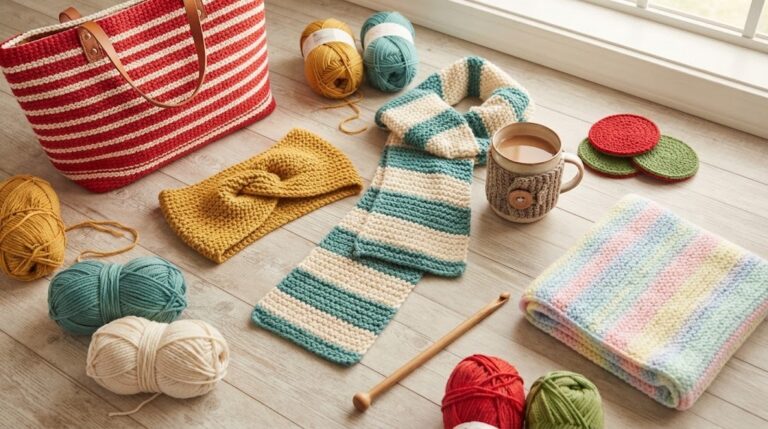 Tunisian crochet projects on a wood floor: a red and white tote, a mustard headband, a striped scarf, mug cozy, coasters and a baby blanket