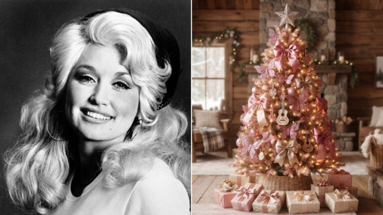 Dolly Parton Christmas tribute, a photo of Dolly Parton beside a pink and gold sparkle tree with butterfly ornaments