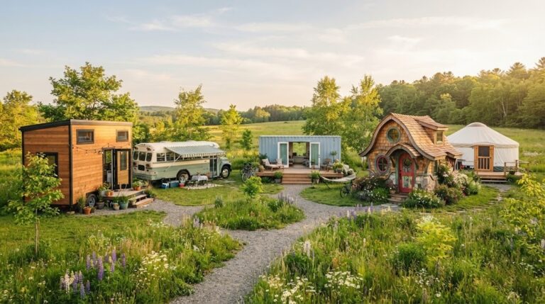 Tiny house tours favorites, a modern cedar tiny house, a school bus home, a container home, a cottage and a yurt in a meadow