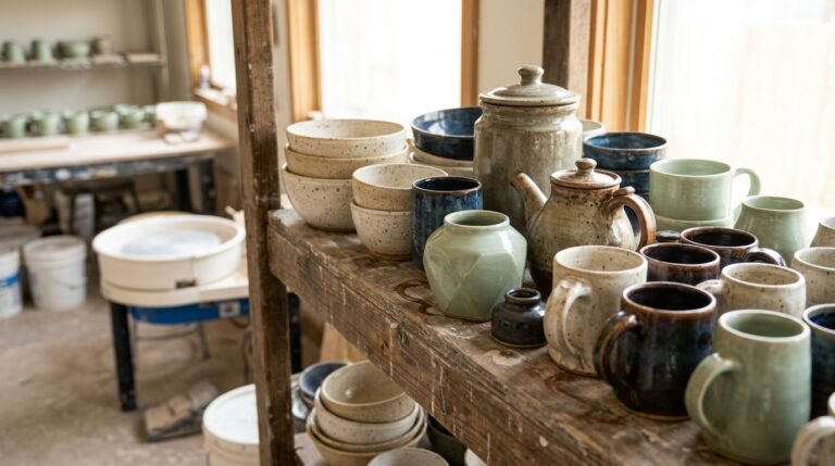 Handmade pottery making shelf with speckled bowls, a lidded jar, inkwells, a teapot and mugs