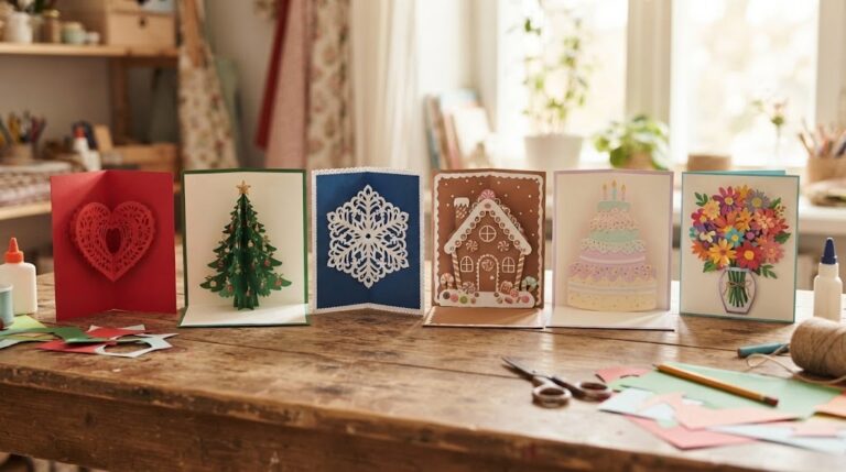 Pop up card ideas, a row of open handmade cards with a red heart, Christmas tree, snowflake, gingerbread house and flowers