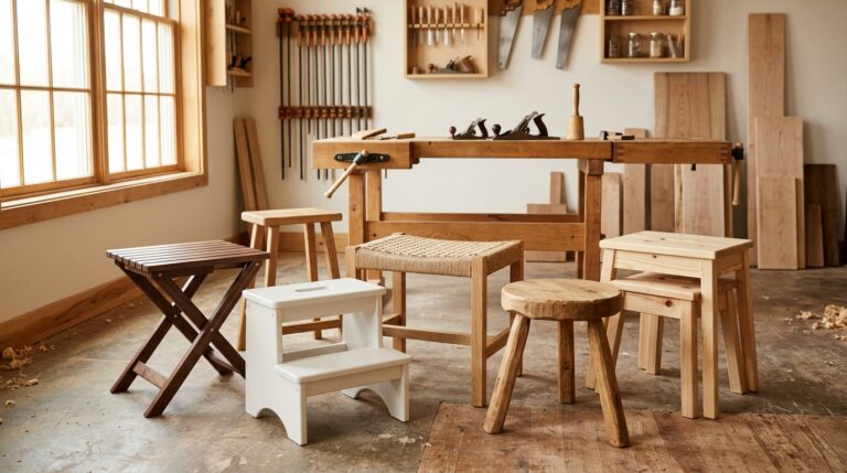 DIY wooden stools in a bright workshop, a folding stool, kids step stool, rope seat stool and milking stool
