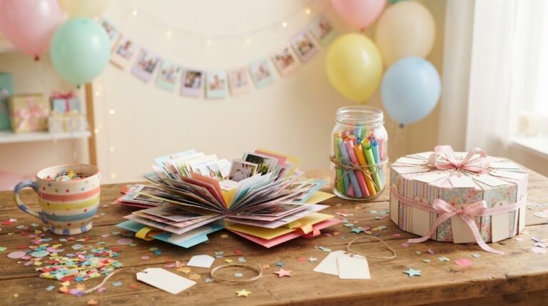 DIY birthday gifts on a party table, an explosion box, a jar of notes, a cake shaped box, photo bunting and confetti