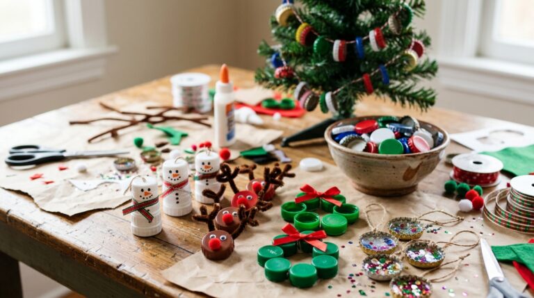 Bottle cap Christmas crafts on a table, snowmen, reindeer, mini wreaths and a cap garland on a small tree