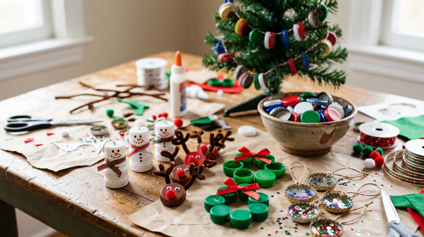 Bottle cap Christmas crafts on a table, snowmen, reindeer, mini wreaths and a cap garland on a small tree