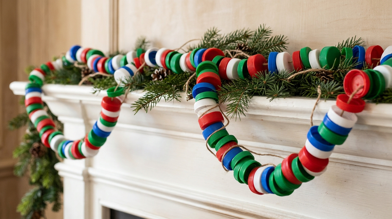 Colorful cap garland on twine draped across a white mantel