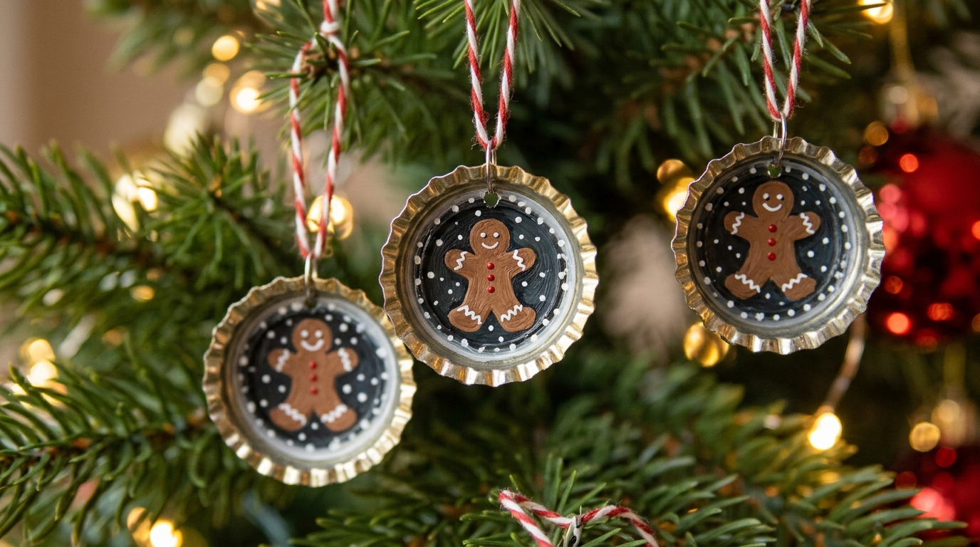 Metal caps painted with tiny gingerbread men hanging on a tree