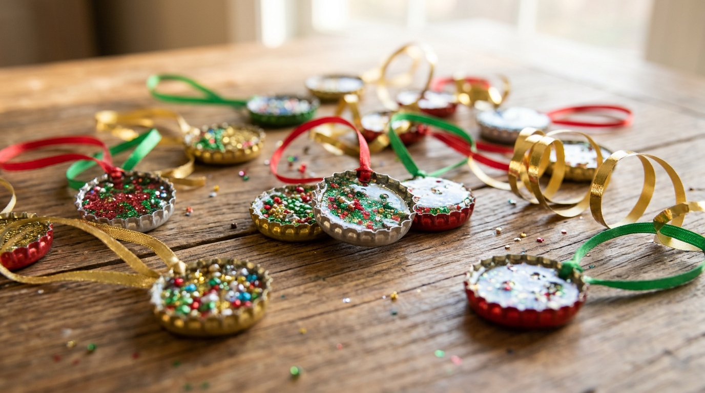 Glitter and bead filled cap ornaments with thin ribbon loops