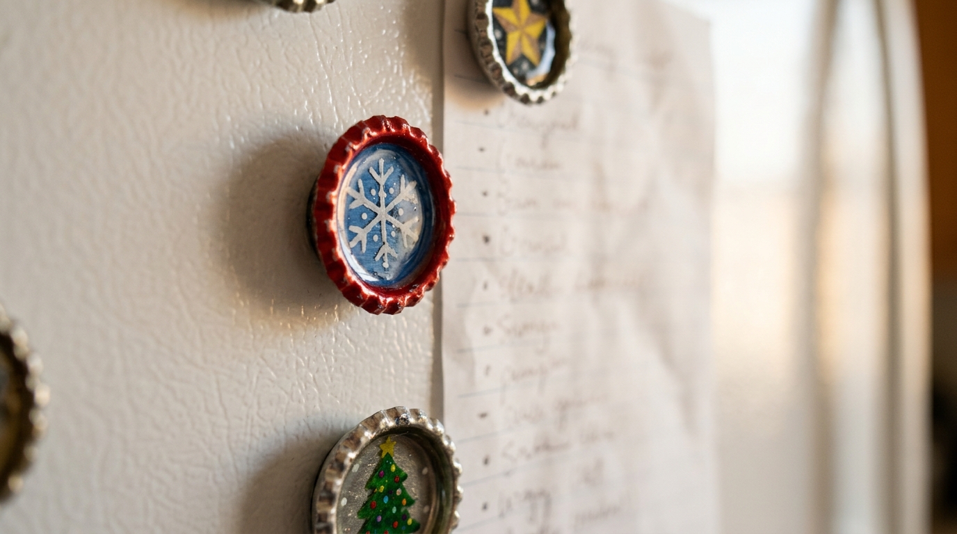 Bottle cap Christmas crafts made into holiday fridge magnets