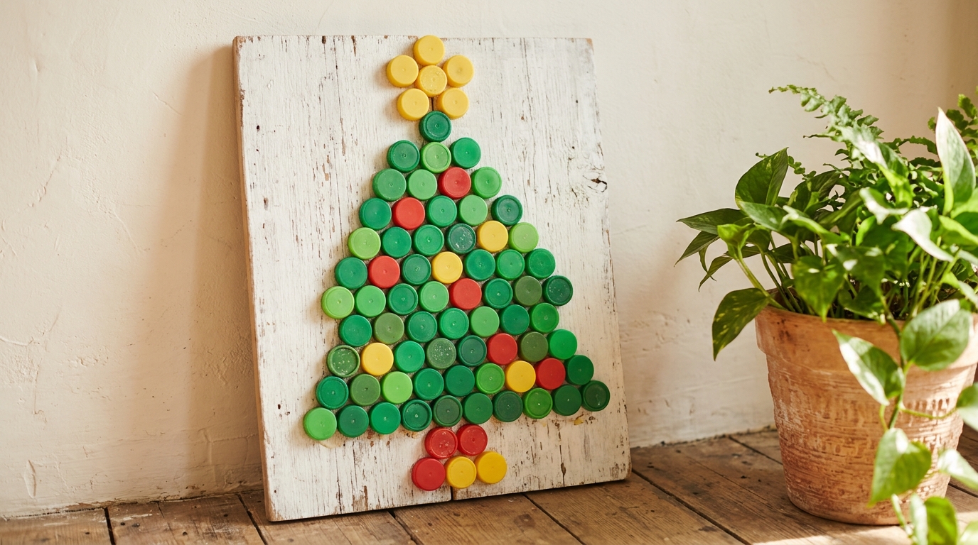 Cap mosaic Christmas tree glued on a whitewashed wood board