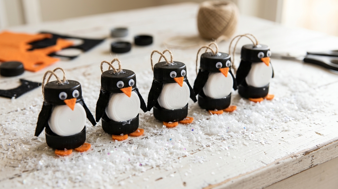 Black and white cap penguin ornaments with felt wings and feet