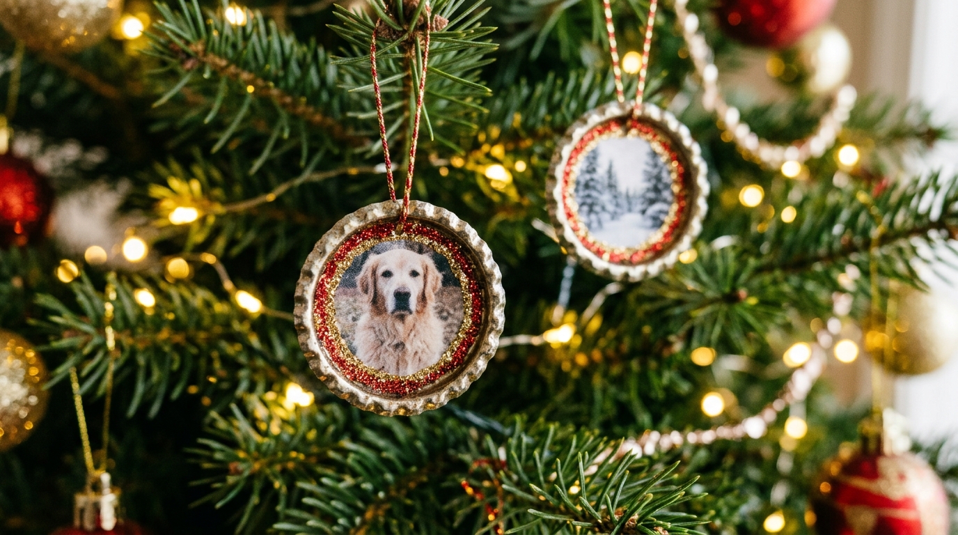 Cap ornaments with tiny photos inside hanging on a lit tree
