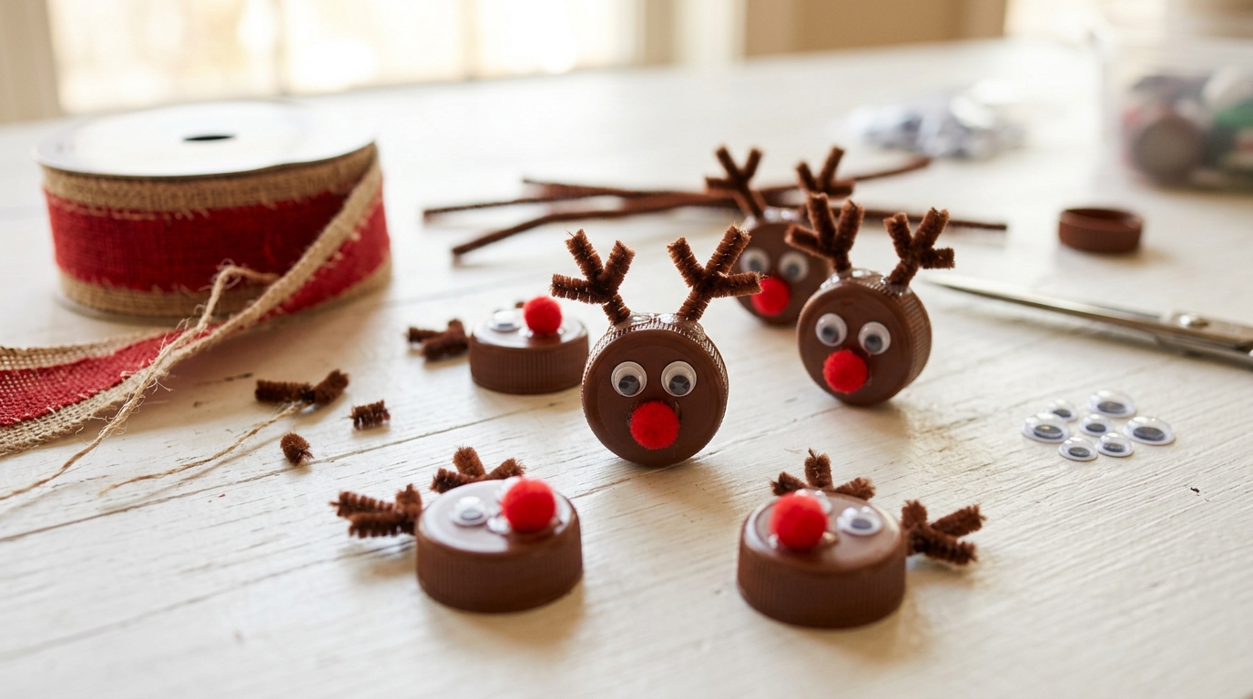 Brown cap reindeer faces with pipe cleaner antlers and red noses