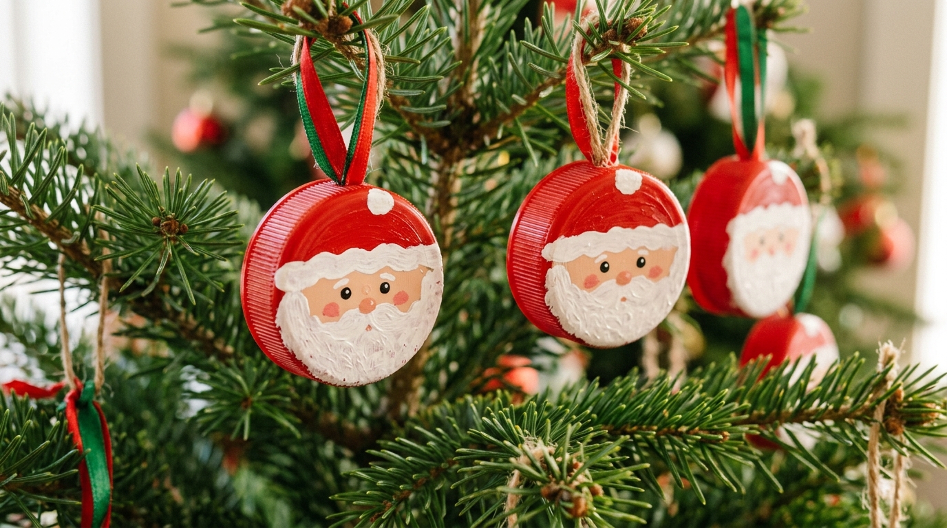 Bottle cap Christmas crafts painted as Santa faces hanging on a tree