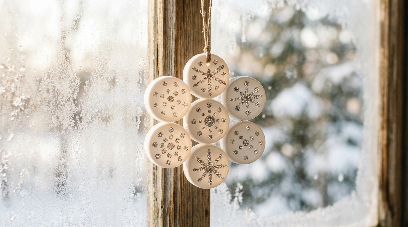 White cap snowflake ornament with silver dots in a frosty window
