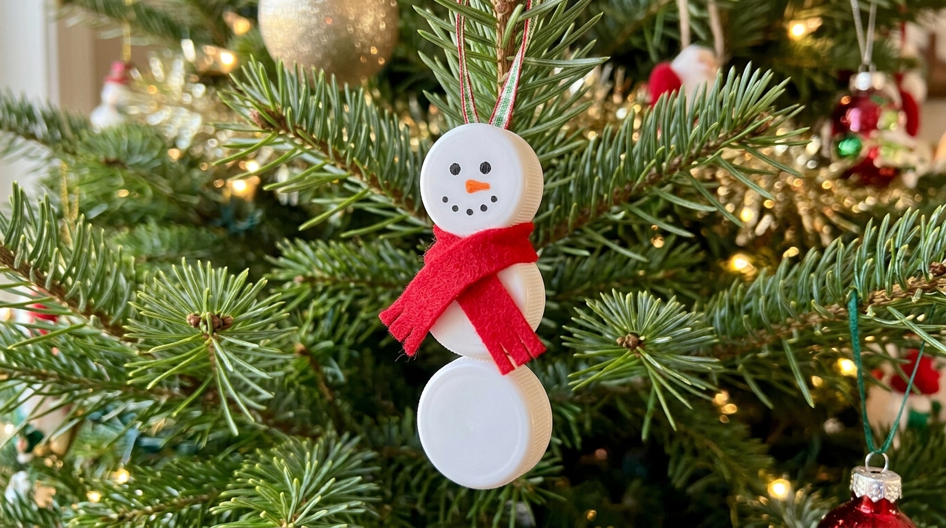 Bottle cap Christmas crafts snowman ornament of three white caps with a red scarf