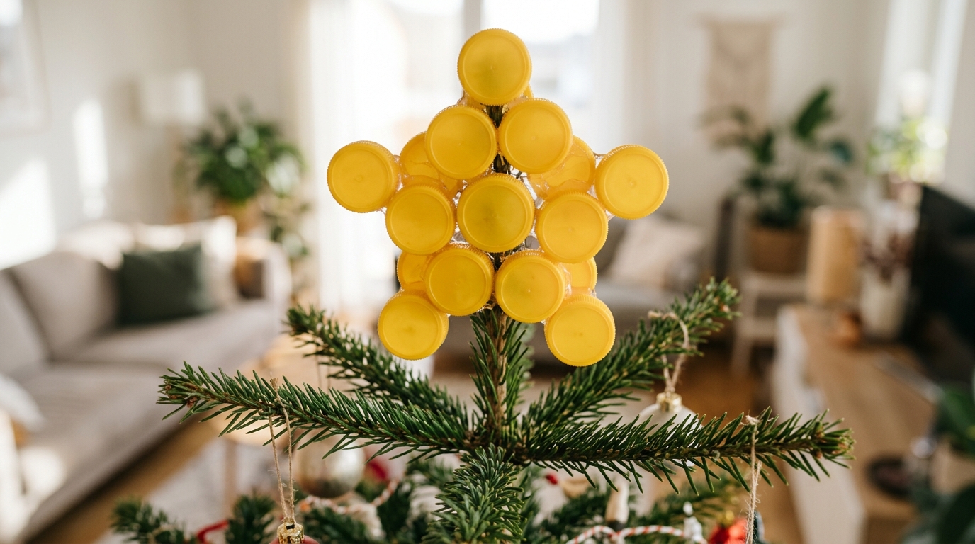 Yellow cap star tree topper on a small green tree