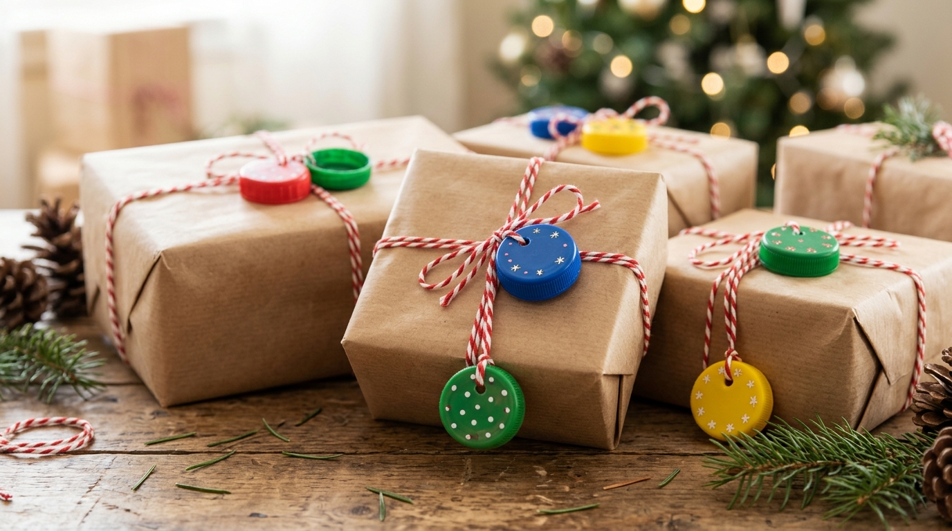 Bottle cap Christmas crafts used as gift tags on kraft paper presents