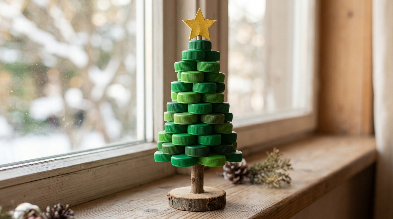 Bottle cap Christmas crafts tree of stacked green caps topped with a yellow star