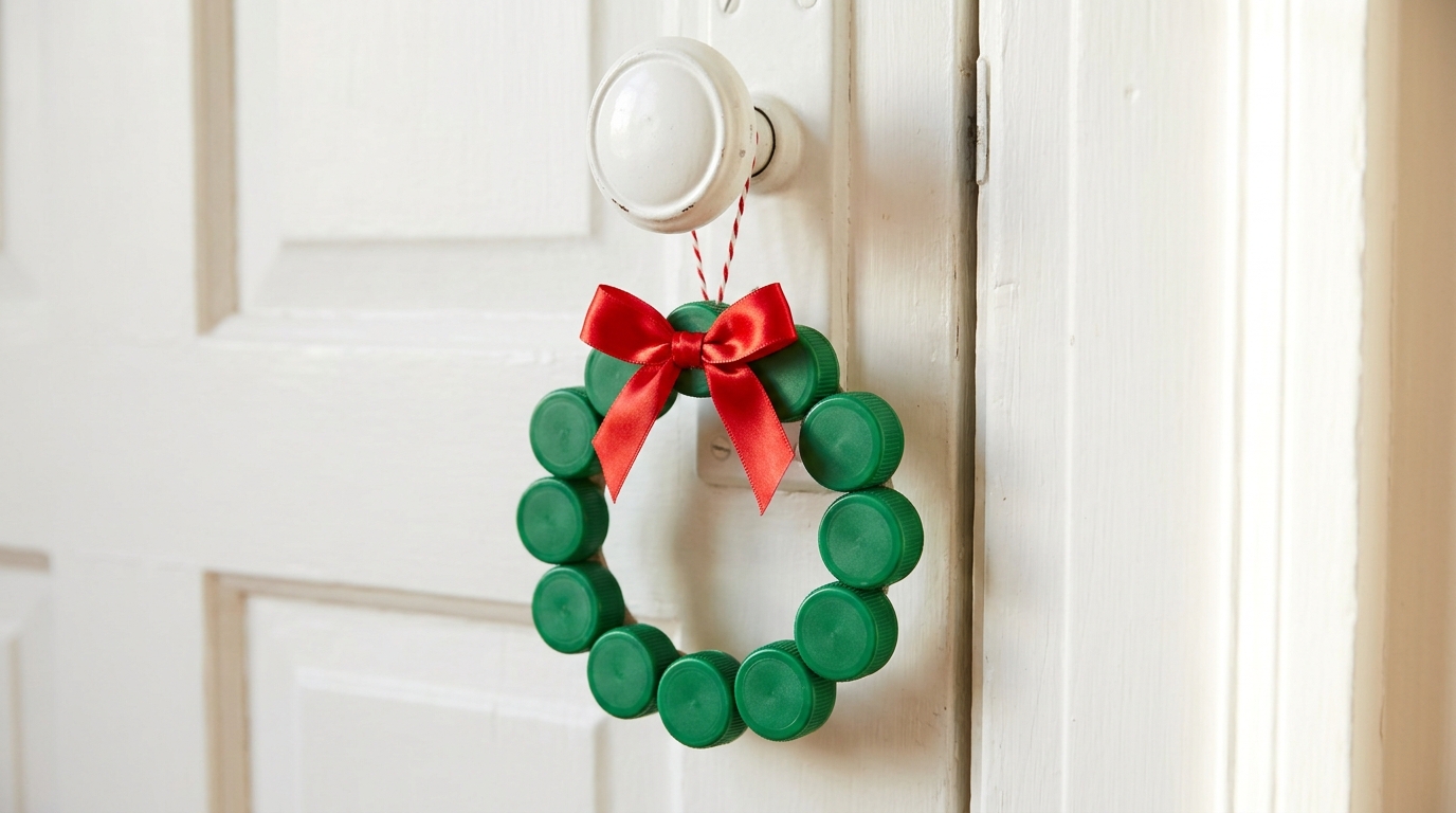 Mini wreath ornament made from green caps with a red bow on a door knob