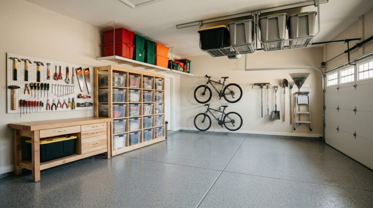 Garage organization ideas in one clean garage with pegboard tools, tote rack, ceiling storage and bikes on hooks