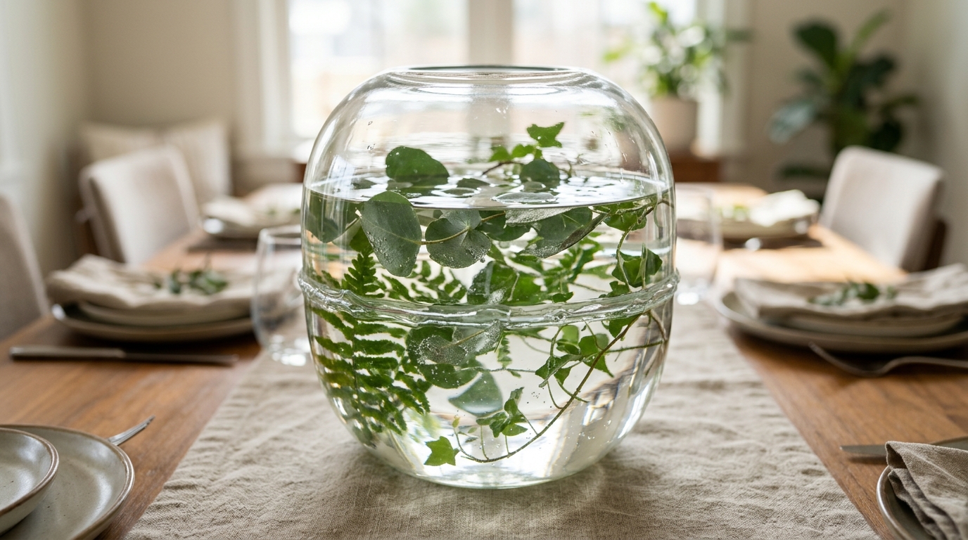 Two glass bowls glued rim to rim with floating greenery as a centerpiece