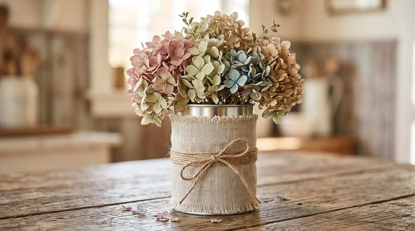 Coffee can wrapped in linen and twine holding dried hydrangeas