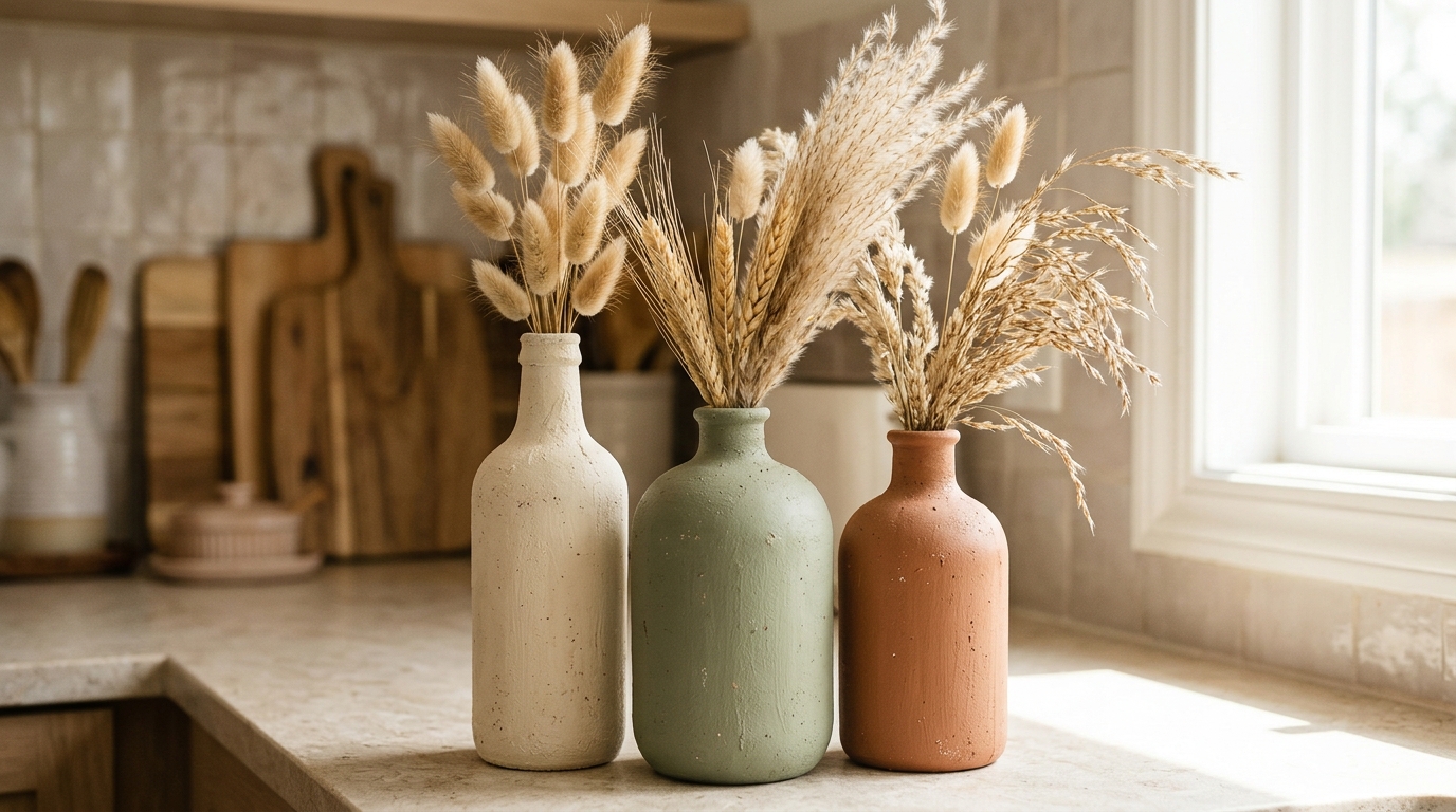 DIY vase ideas with faux ceramic finish on three bottles in cream, sage and terracotta