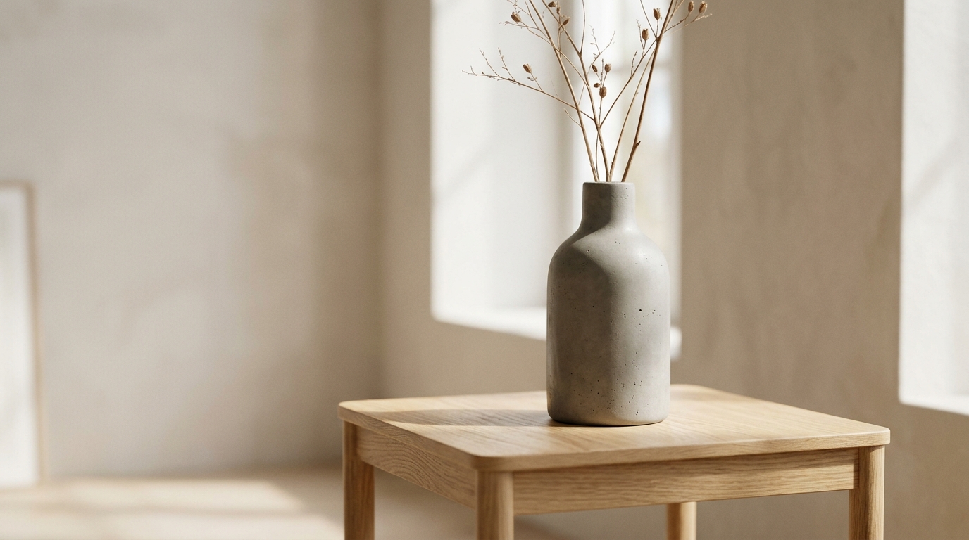 Smooth gray handmade concrete bottle vase with dried branches