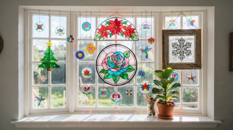 Faux stained glass pieces glowing in a sunny window, a rose panel, a Christmas tree, a snowflake frame and small ornaments