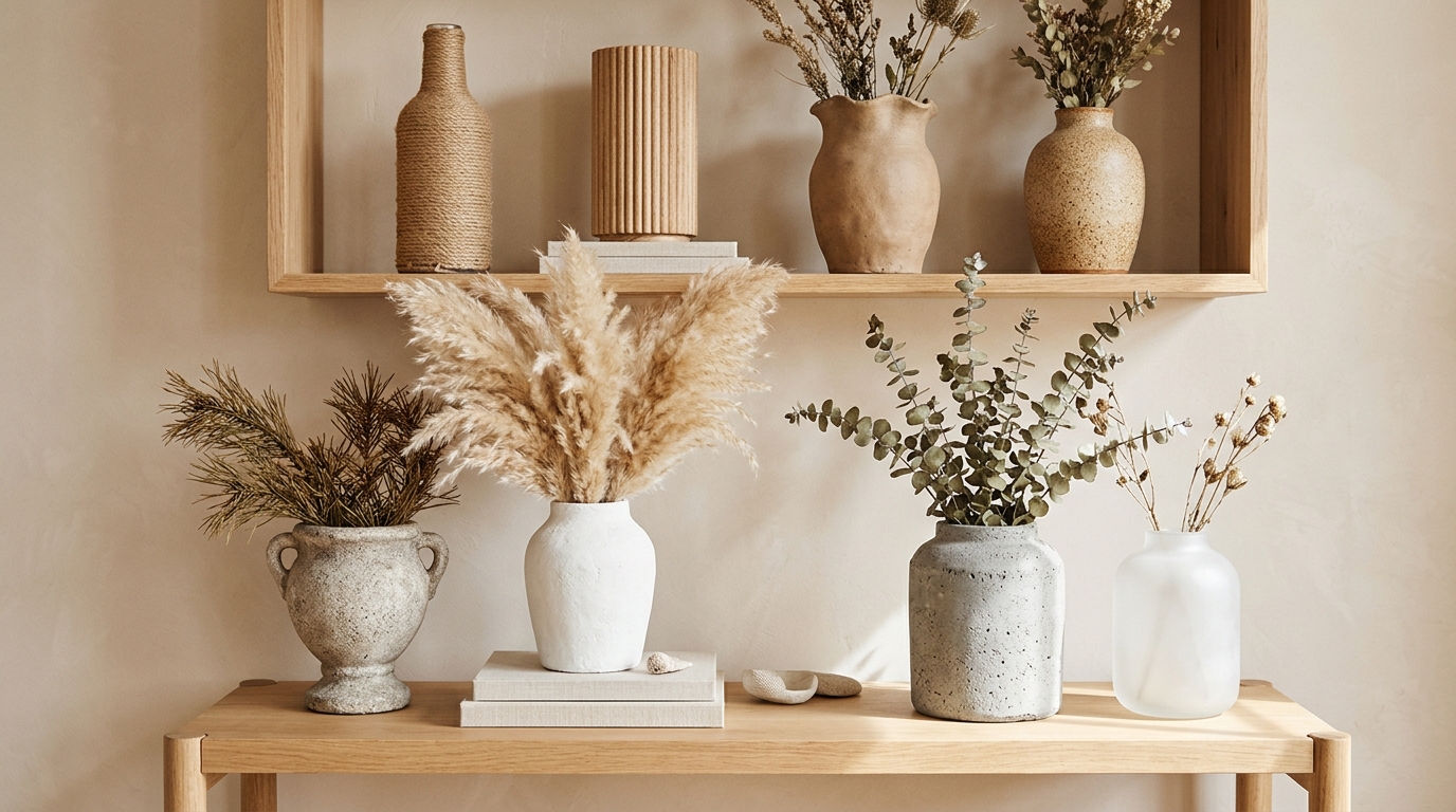 DIY vase ideas on a styled shelf, concrete, faux ceramic, rope, frosted glass, fluted wood and clay vases with dried stems