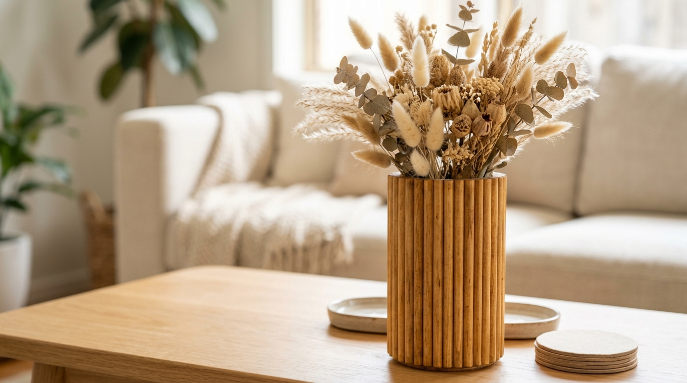 DIY vase ideas with wooden dowels glued around a cylinder for a fluted look
