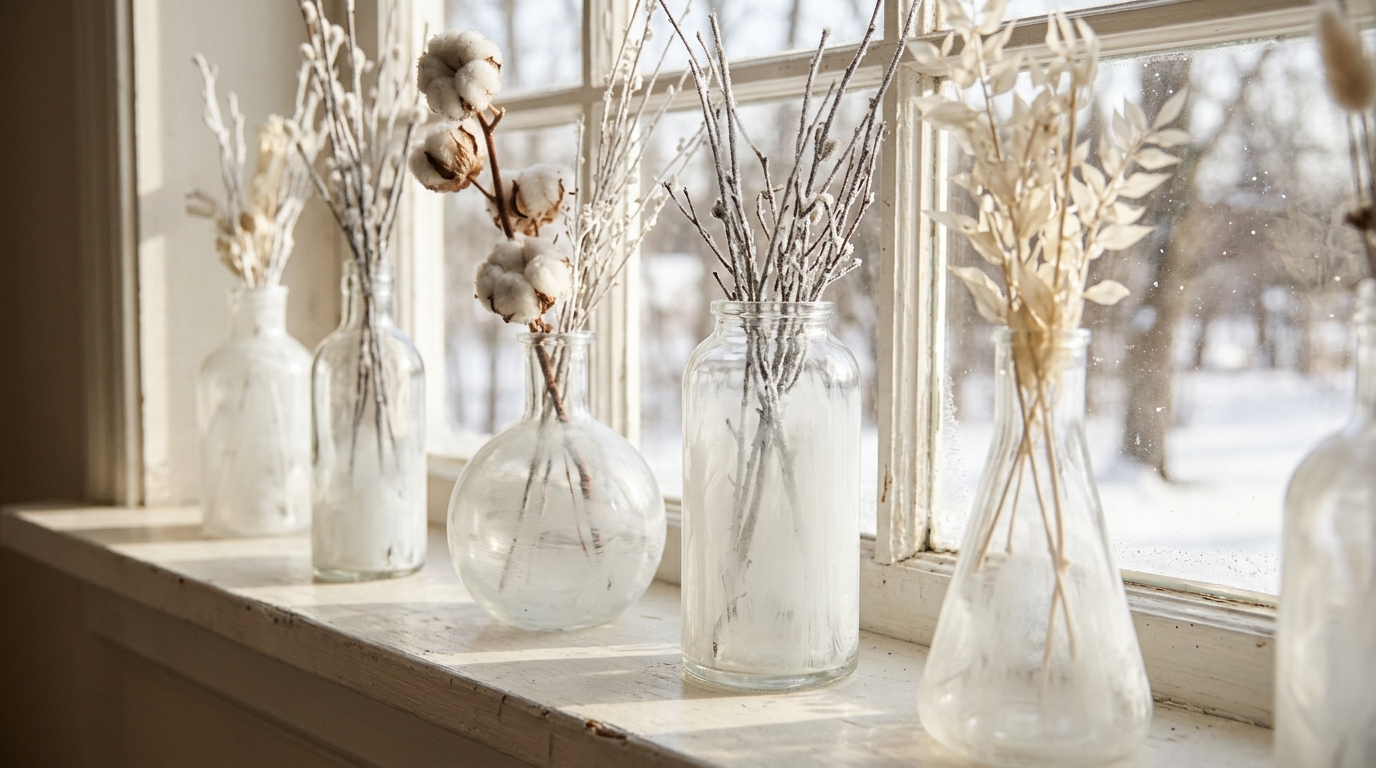 Clear glass vases painted frosted milky white inside on a windowsill