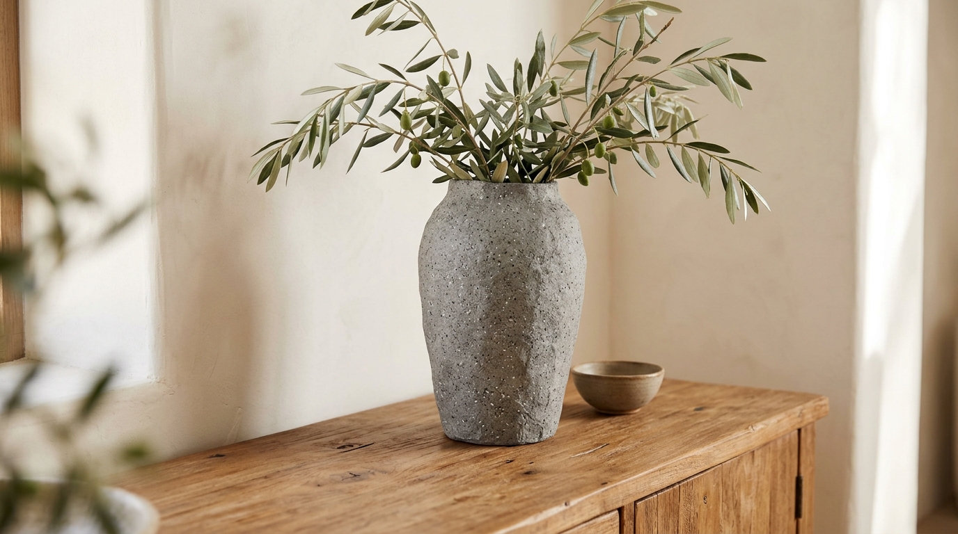 Tall paper mache vase with a speckled stone look holding olive branches