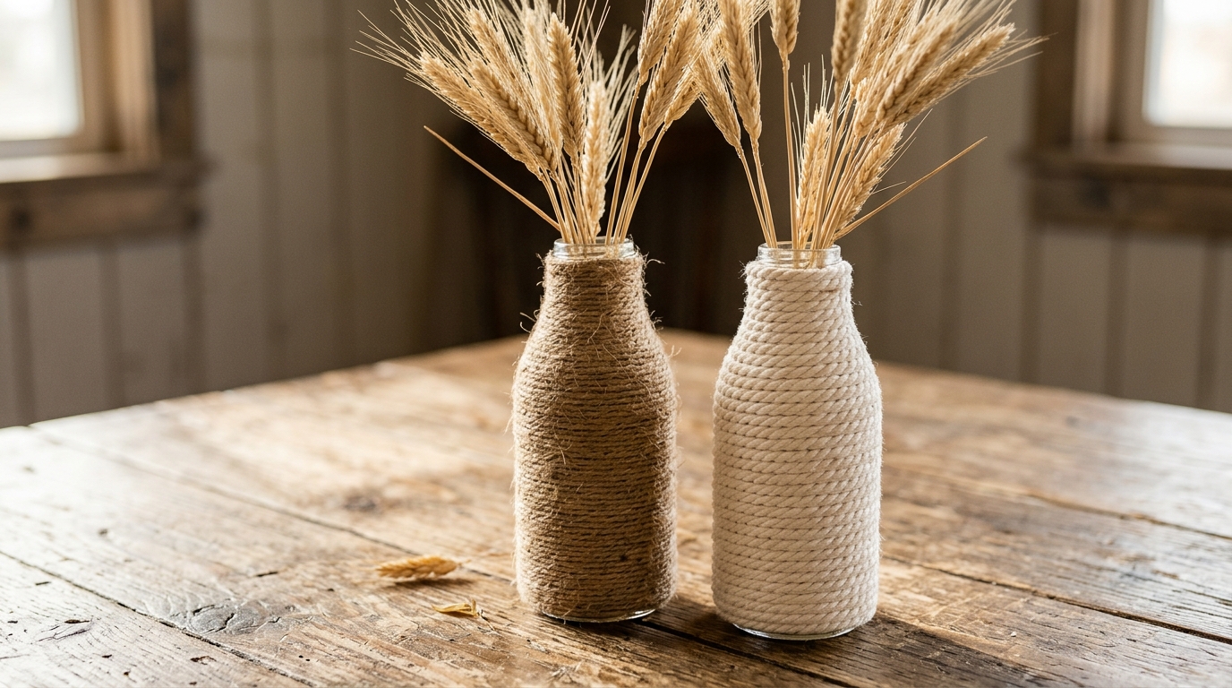Two glass bottles wrapped in cotton rope and jute holding wheat stems