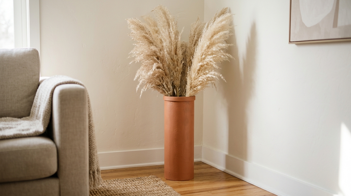 DIY vase ideas for the floor, a tall terracotta painted cardboard tube with pampas grass