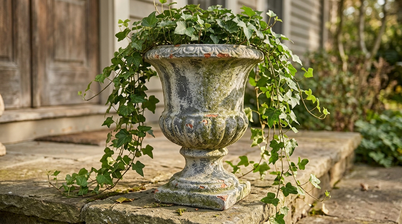 Terracotta pot finished to look like an aged stone urn with trailing ivy
