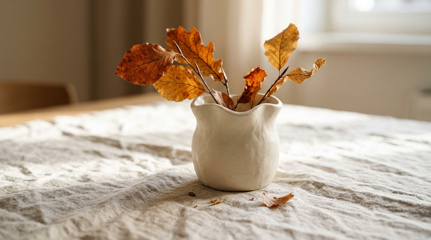 Creamy white air dry clay vase with a wavy rim holding autumn leaves