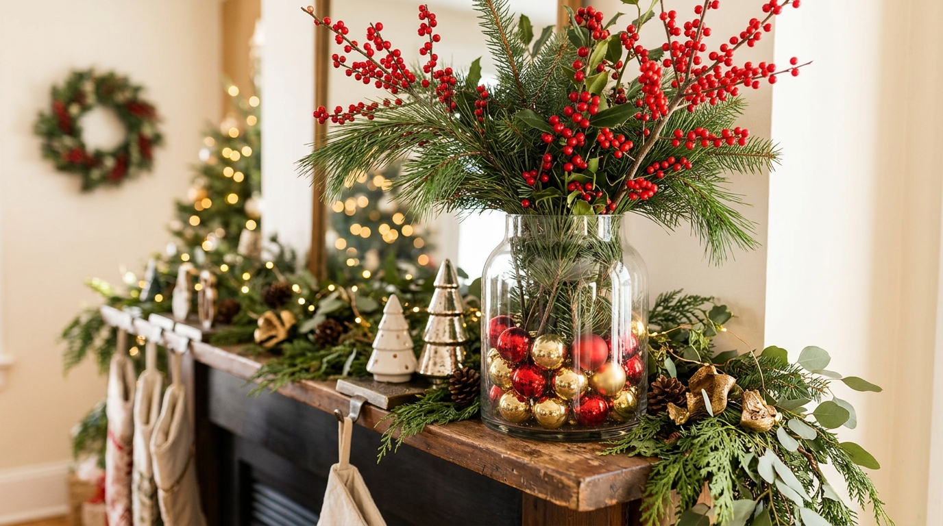 DIY vase ideas for Christmas, a glass vase with pine, berries and ornaments inside on a mantel