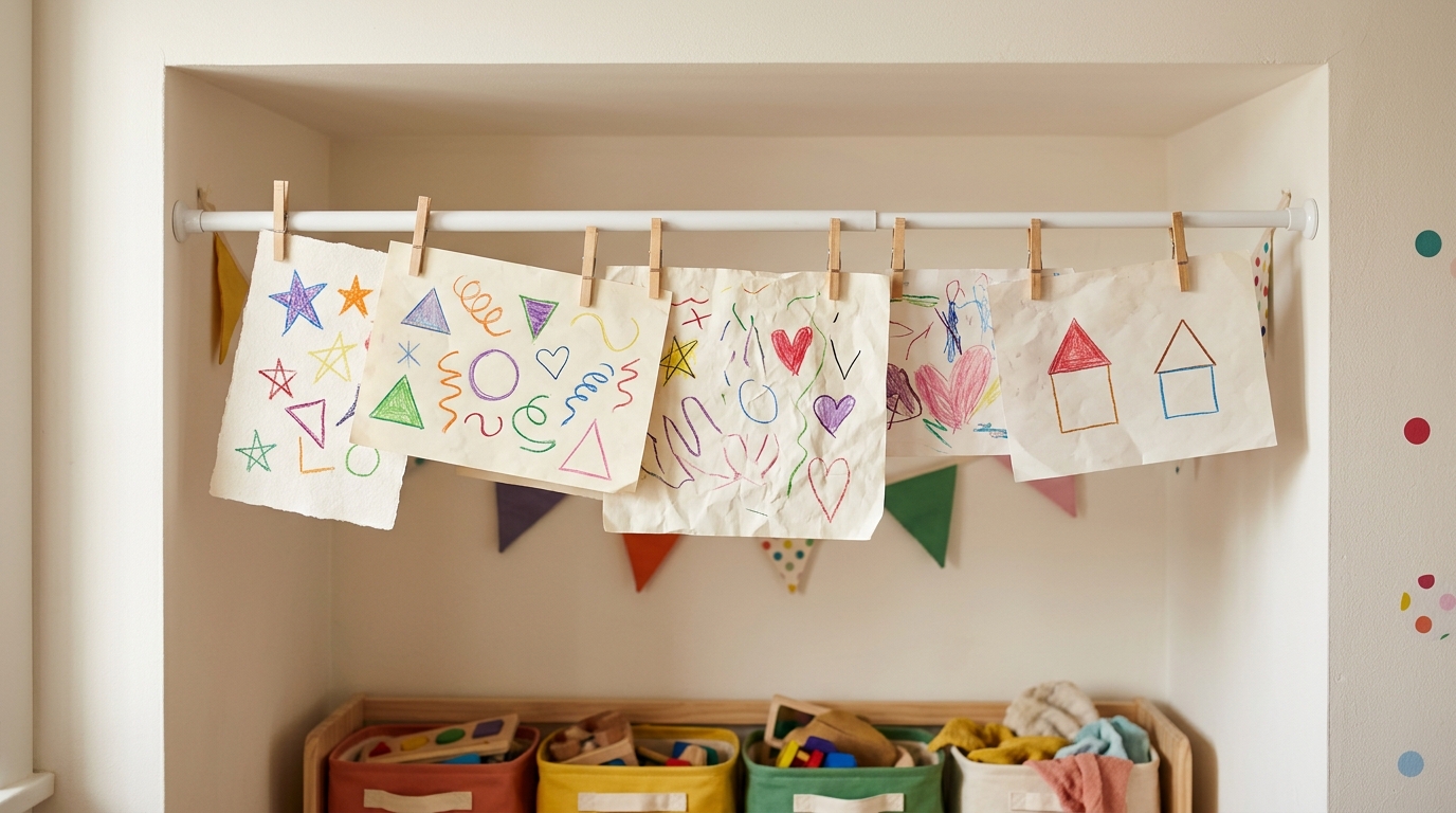 Rod across a playroom nook holding kids drawings with clothespins
