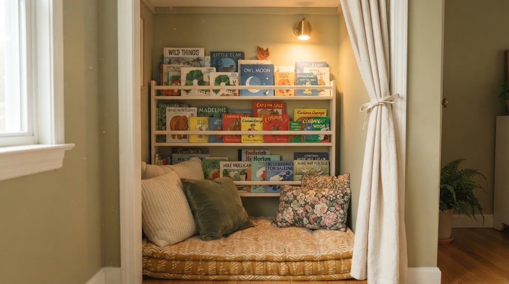 Home library ideas for small spaces, a closet turned into a reading nook with a cushion and shelves