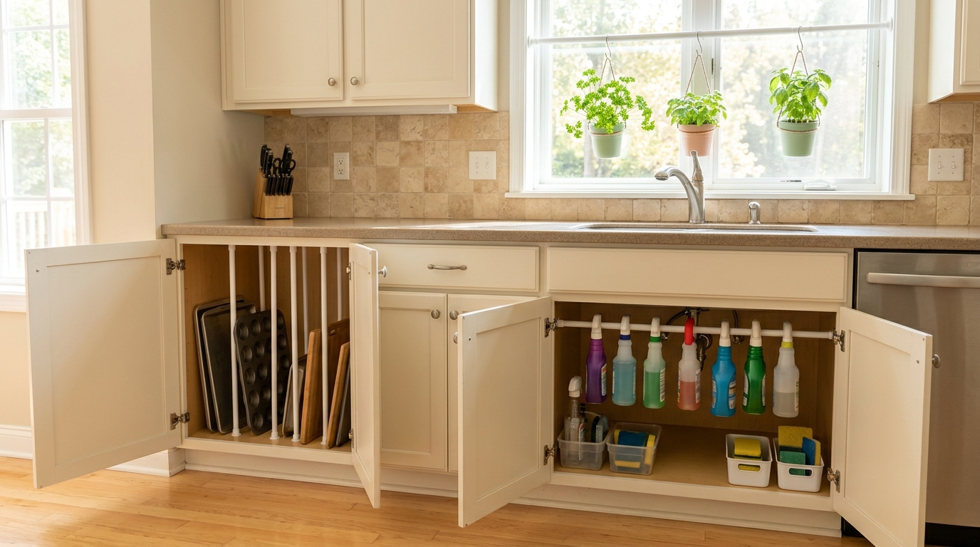 Tension rod hacks around a bright home, spray bottles under the sink, upright baking sheets and herbs in a window