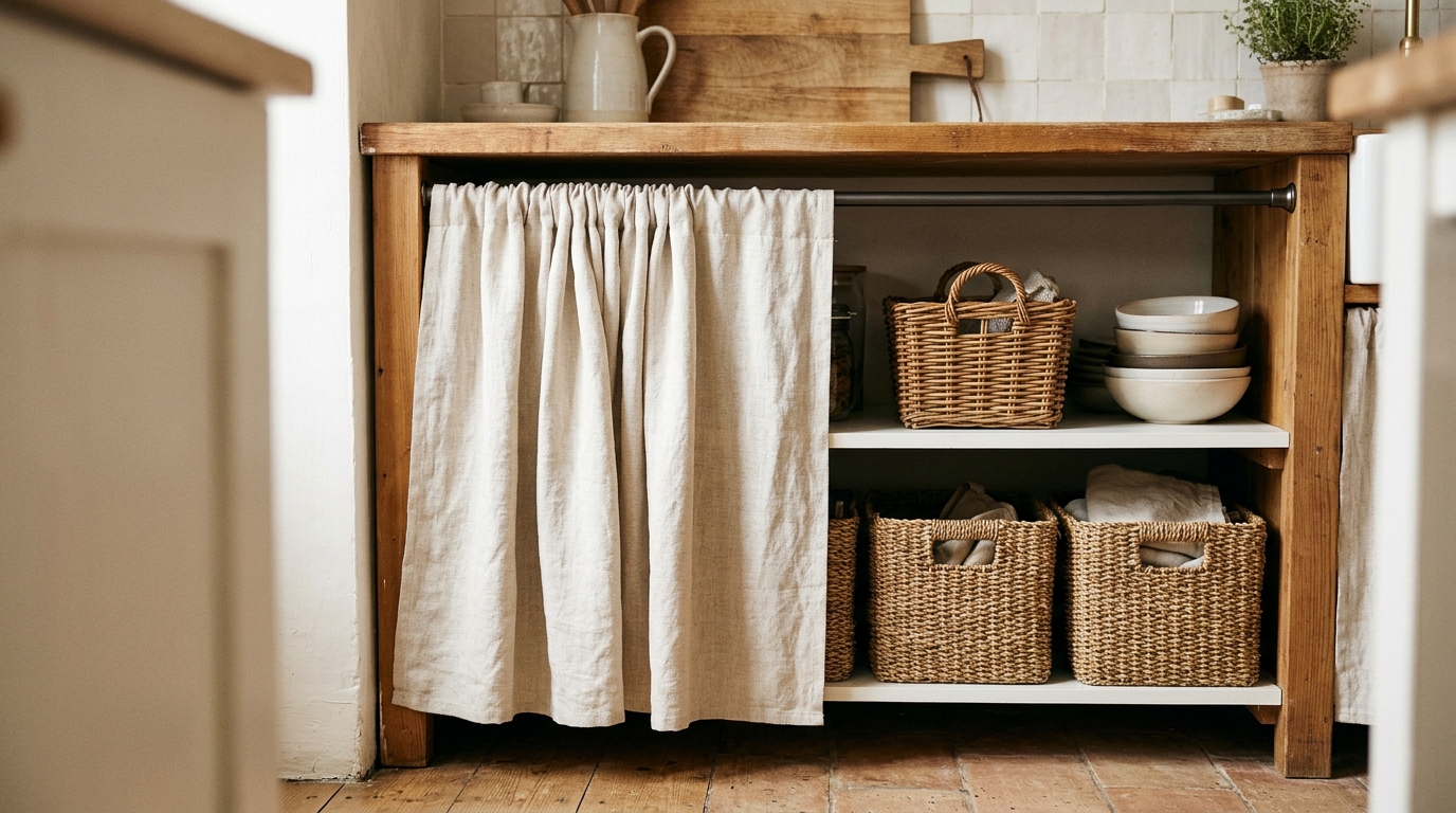 Short linen curtain on a rod hiding open shelves under a counter