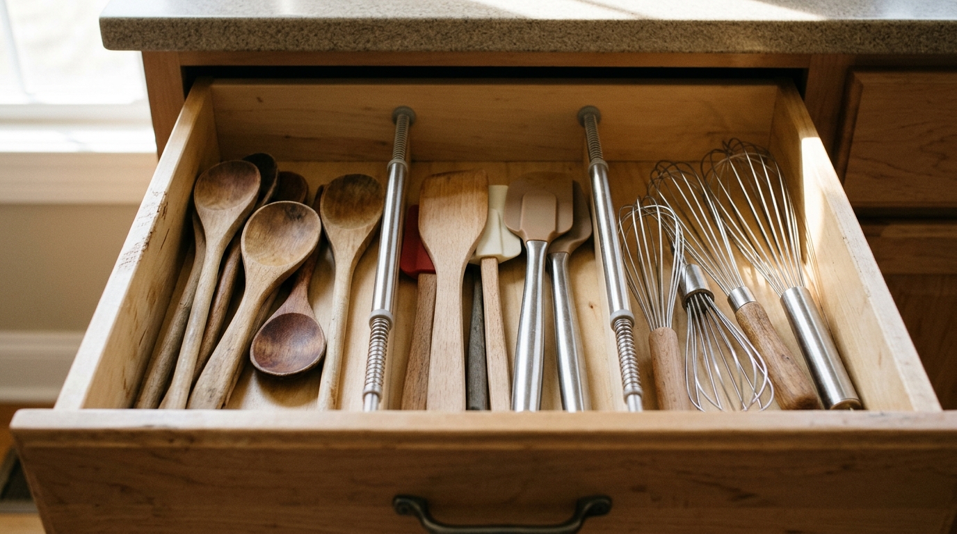 Kitchen drawer neatly sorted with wooden spoons, spatulas and whisks