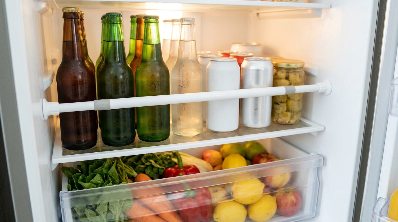 Short rod across a fridge shelf keeping tall bottles from rolling