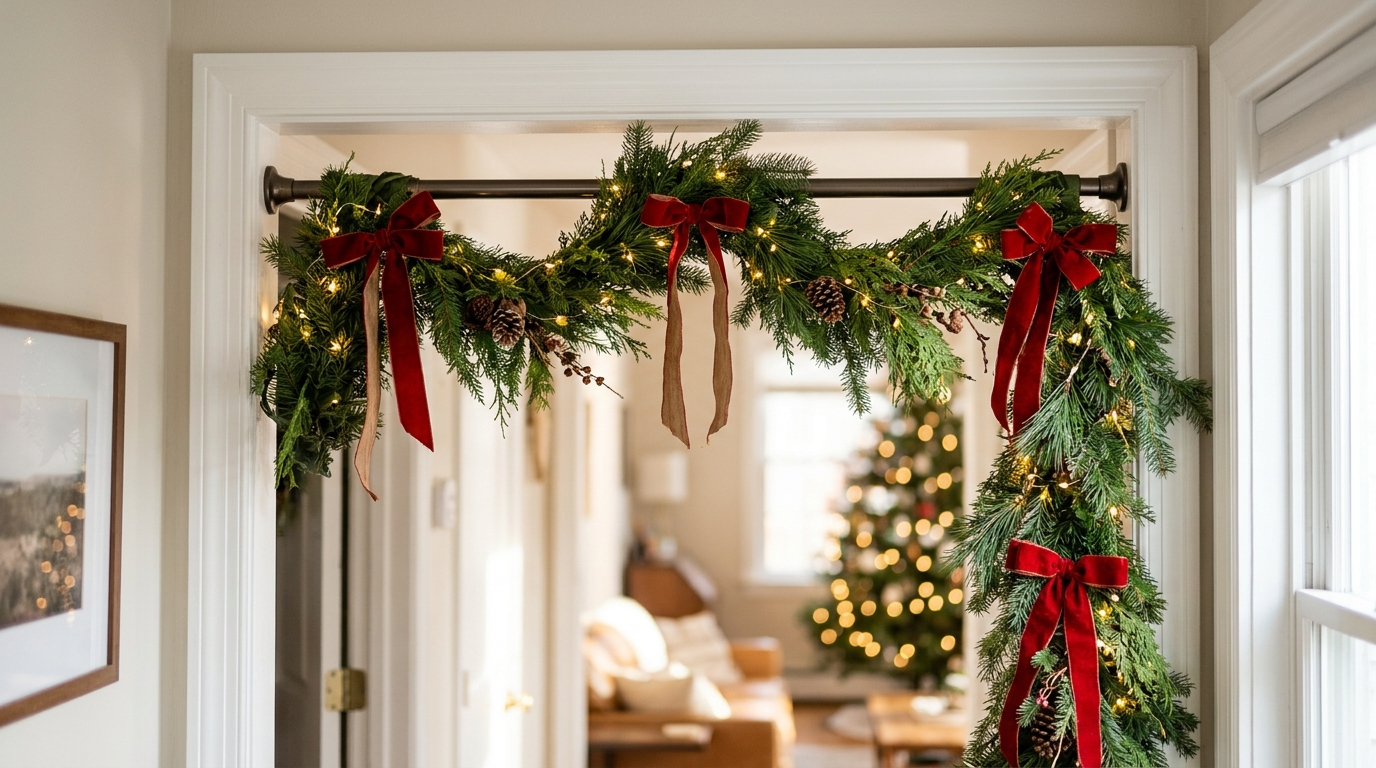 Green Christmas garland with LED lights and red bows hung on a rod in a doorway