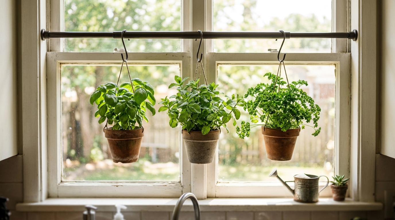 Tension rod hacks in a kitchen window with small herb pots hanging on S hooks