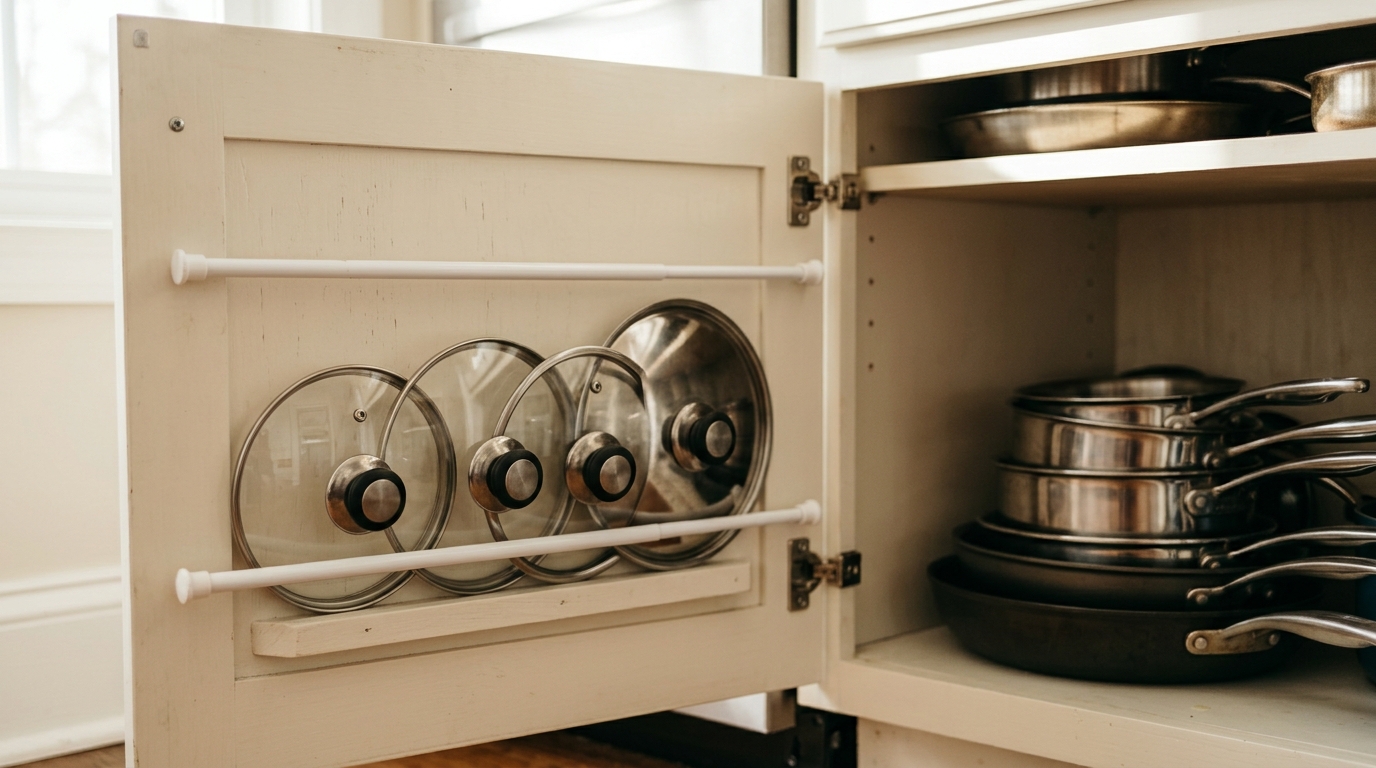 Two small rods inside a cabinet door holding pot lids upright