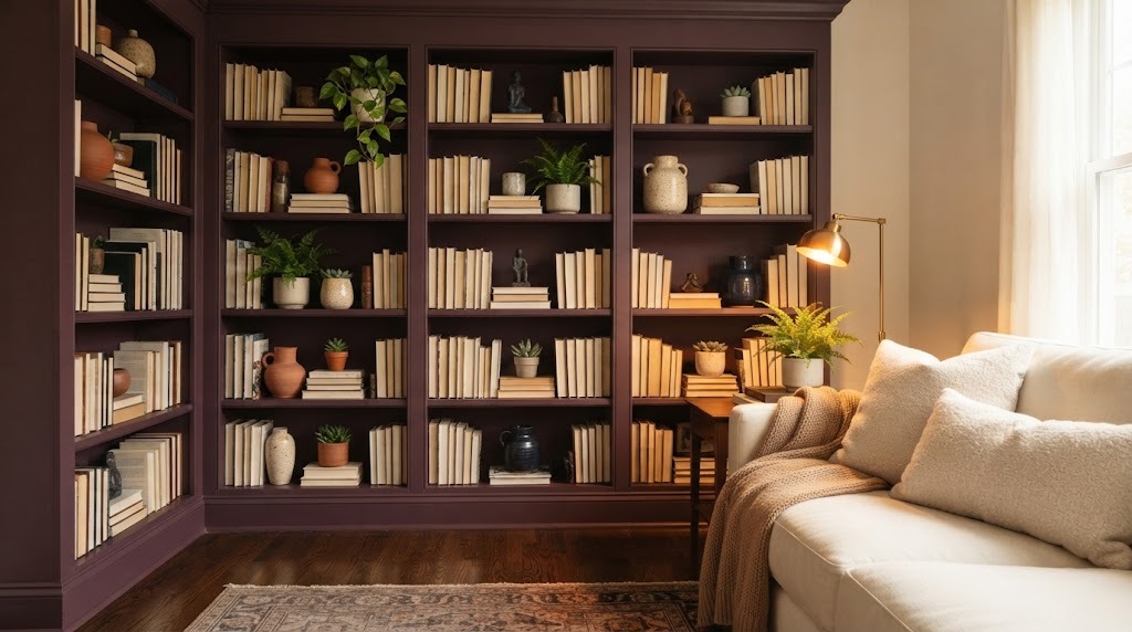 Bookcases painted deep plum filled with books and plants