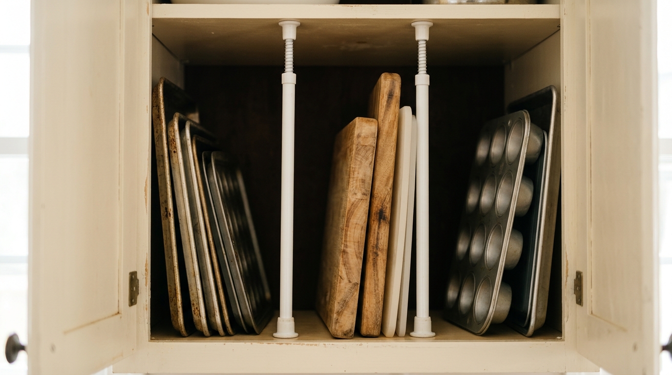 Kitchen cabinet with vertical rods holding baking sheets and cutting boards upright